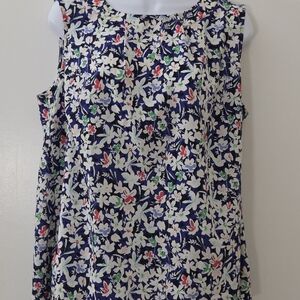 Talbots Navy Floral Sleeveless Shell with White, Green & Red Accents